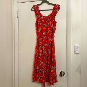 Anthropologie Vibrant Orange Red Lined Floral Midi Dress